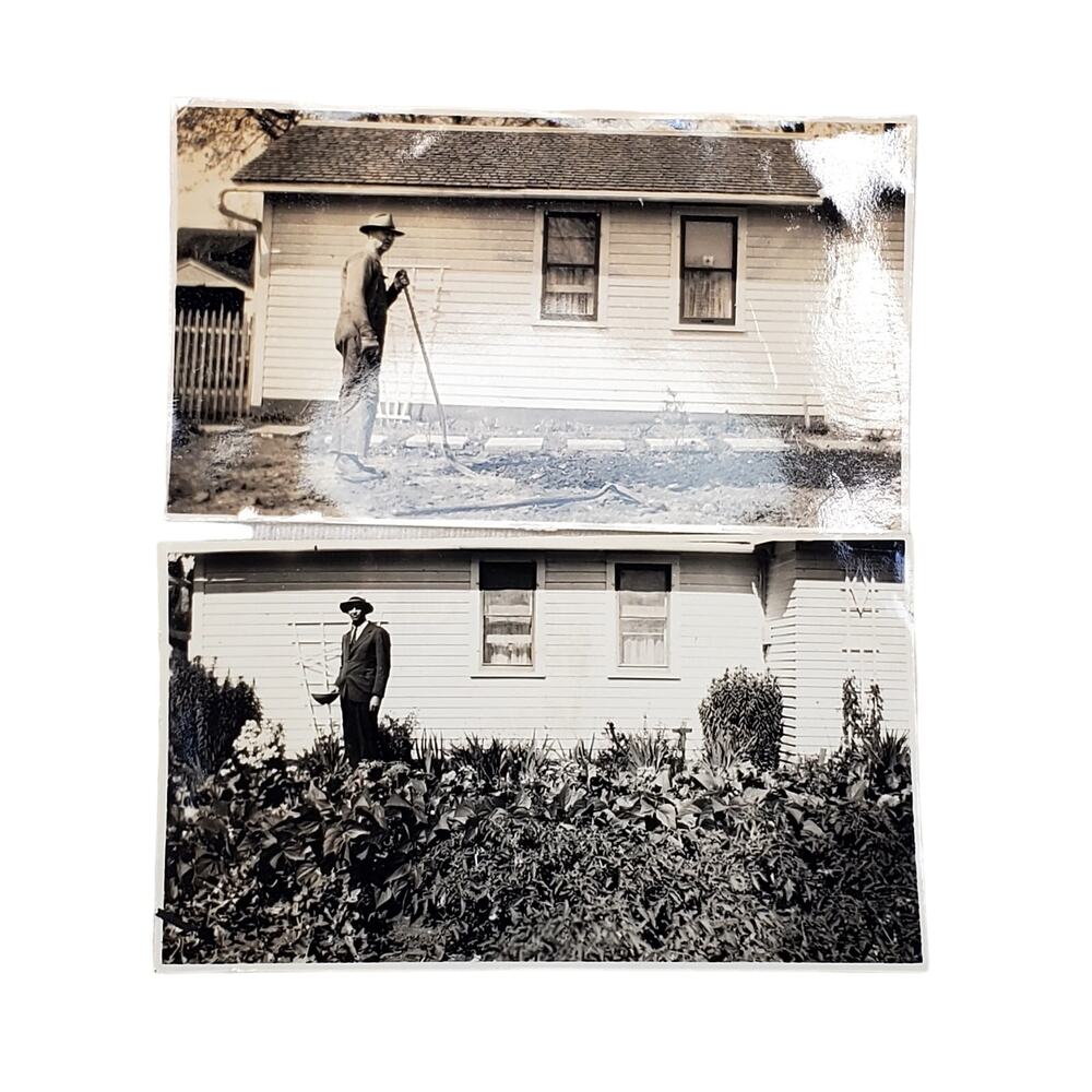 2 Vtg Man Working in Garden Before & After Original Monochrome Photography Found